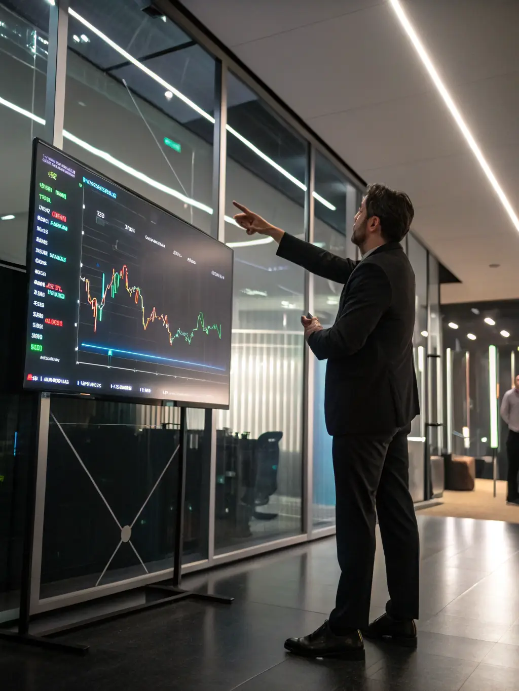 An image of a financial analyst presenting data on a digital screen in a modern office, representing the Advanced Financial Strategies course.