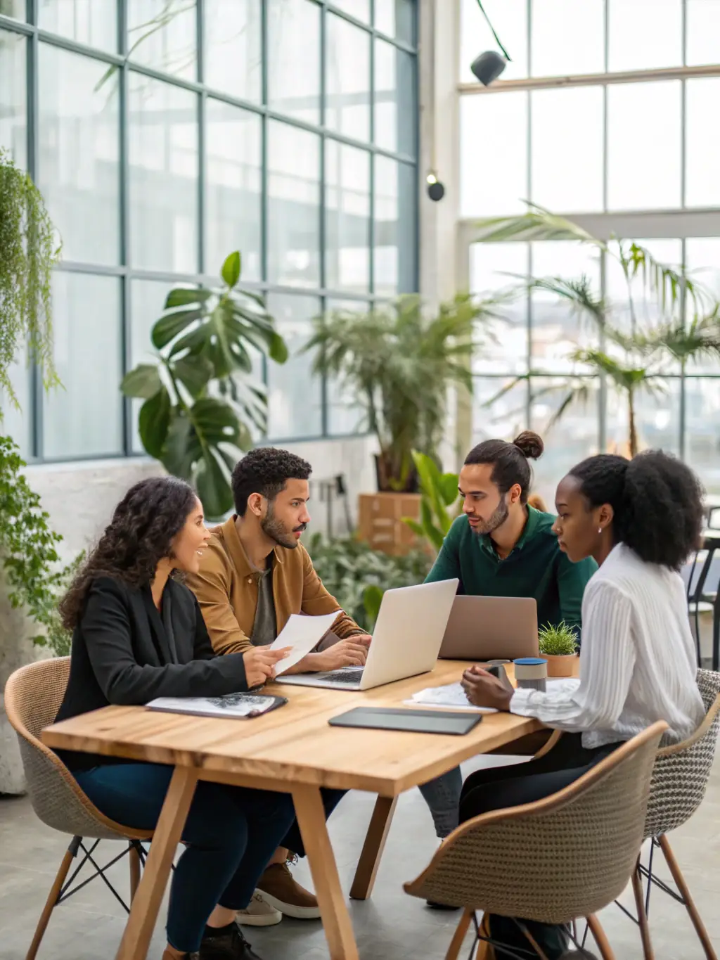 A diverse group of students collaborating on a financial project in a modern, collaborative workspace, symbolizing the collaborative learning environment of Nicolet's courses.