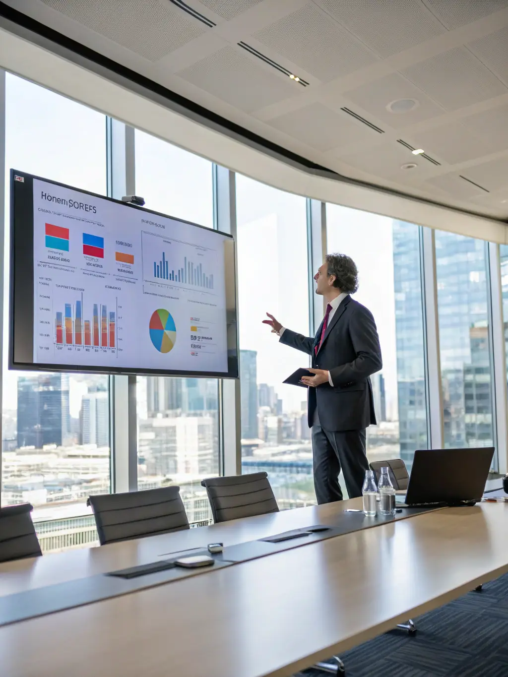 A professional confidently presenting a financial report in a modern office setting, symbolizing career advancement.