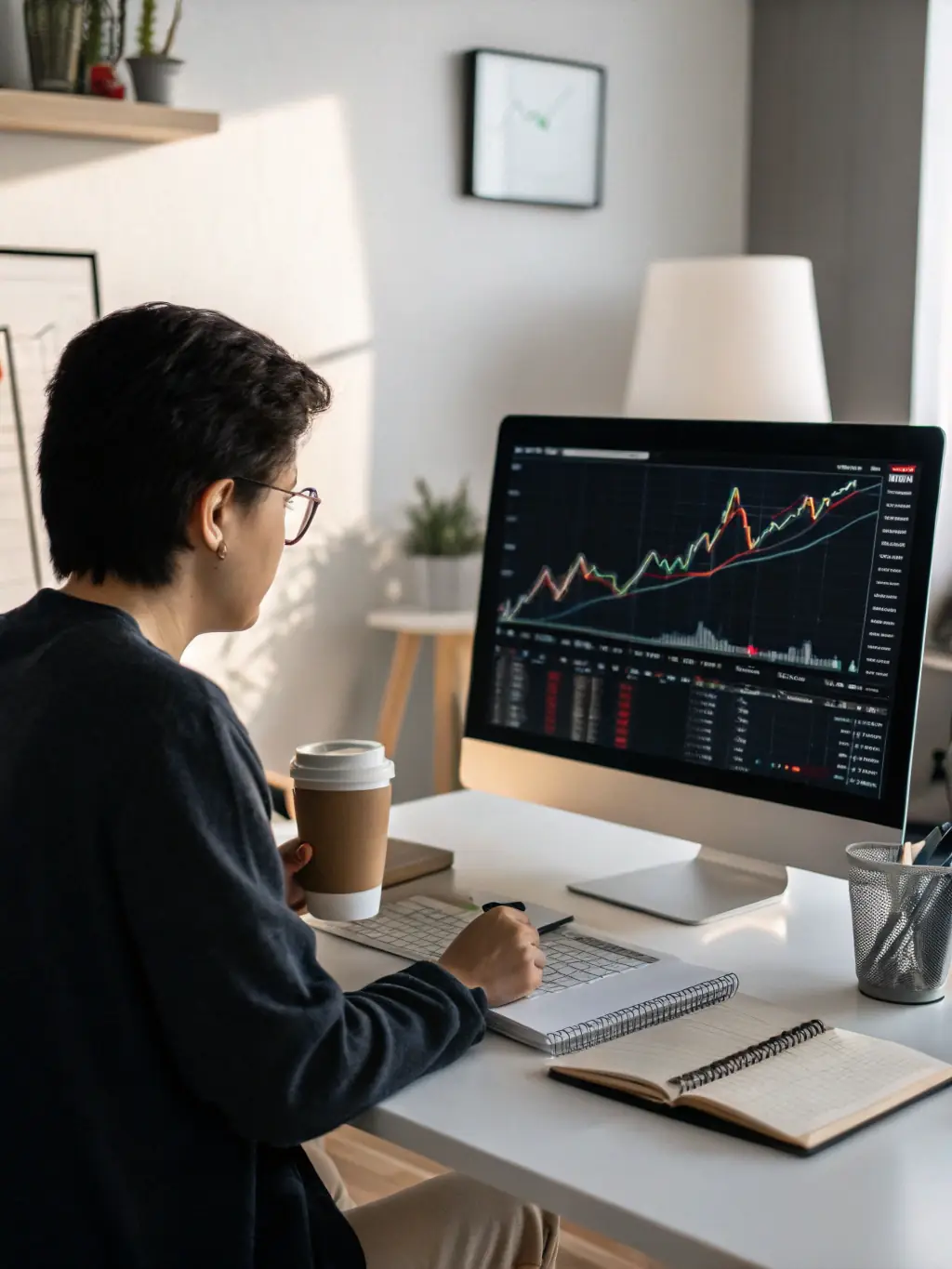 A professional in a suit analyzing financial data on a computer screen, representing the Fundamentals of Financial Management course.